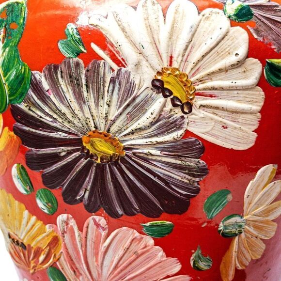 Antique Ransburg Red Asters Hand Painted Stoneware Lidded Cookie Jar/Crock - Picture 8 of 11
